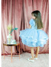 Short Sleeves Blue Satin Tulle Flower Girl Dress